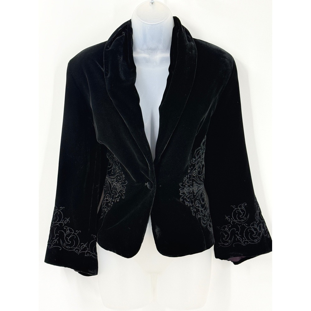 Whimsigoth Embroidered Velvet Blazer Silk‎ Rayon Black womens sz 14 witchy goth